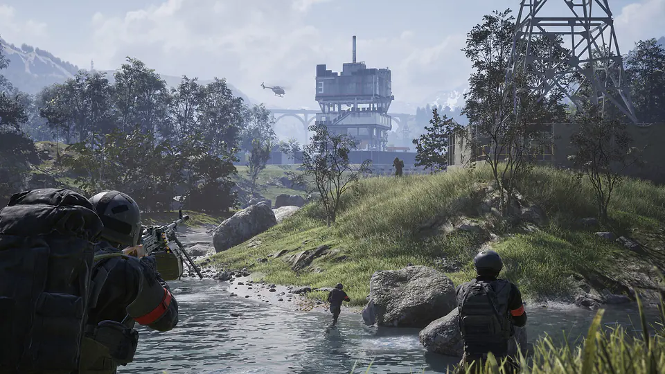 WARDOGS squad moving through a river valley toward an industrial battlefield